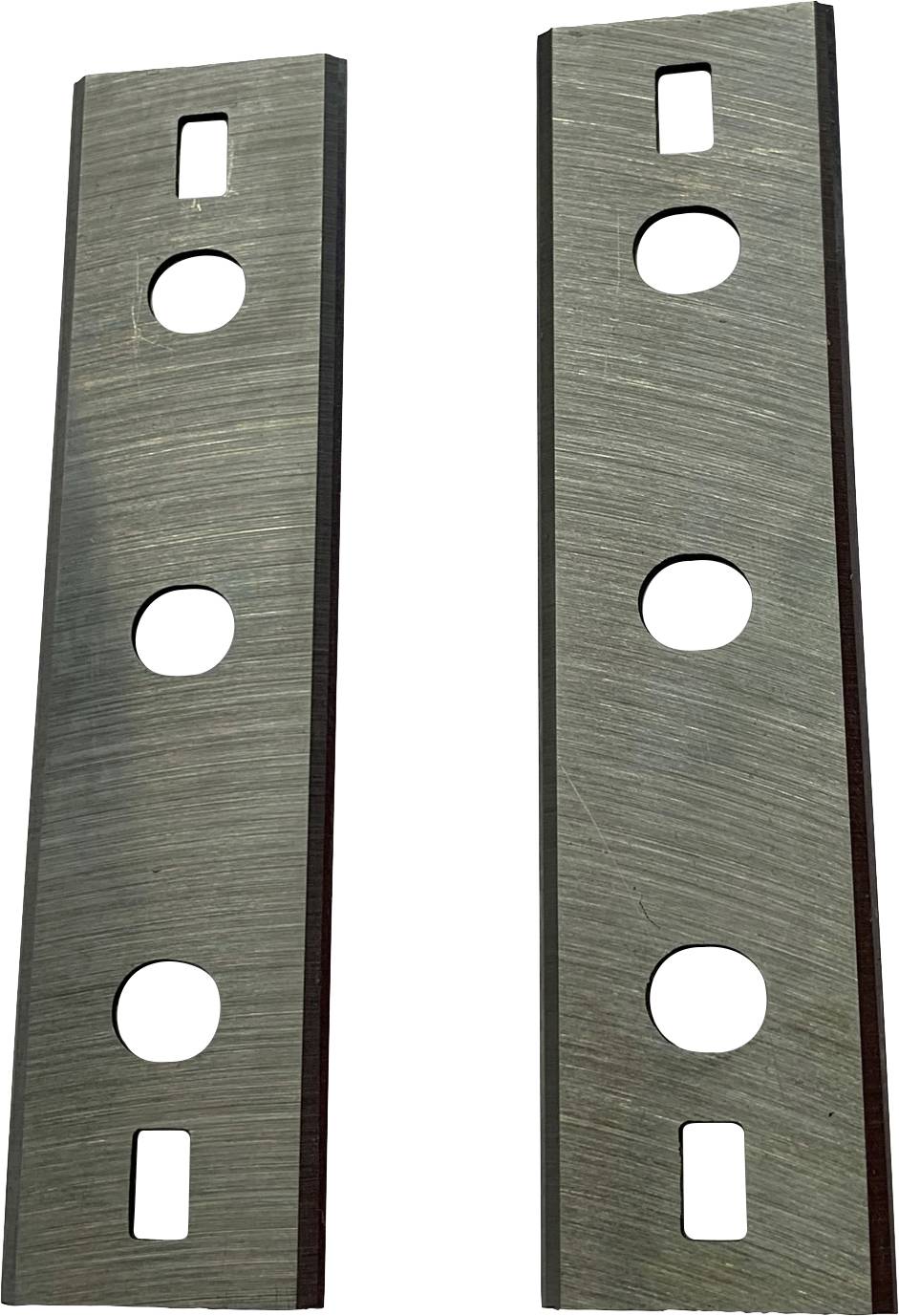 Zwei längliche graue Metallplatten, jede mit drei kreisförmigen und einem rechteckigen Loch, nebeneinander liegend.