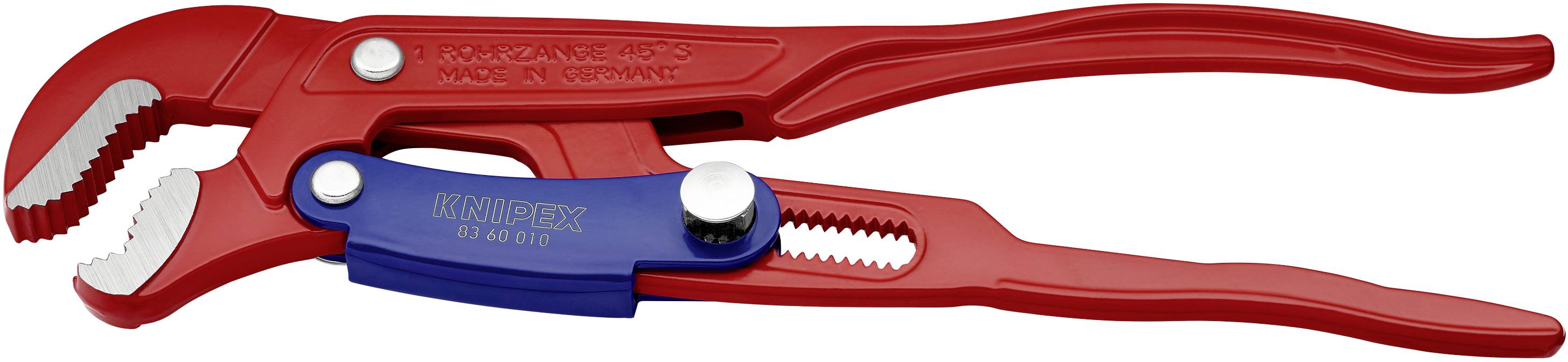 Pince multiprise rouge avec poignées bleues. La pince présente une molette de réglage de taille et convient parfaitement aux travaux de plomberie.
