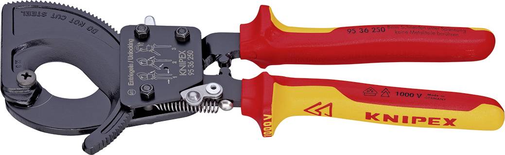 Un coupe-câbles rouge et jaune de Knipex, adapté pour la coupe de câbles. 'KNIPEX' est visible sur la poignée.