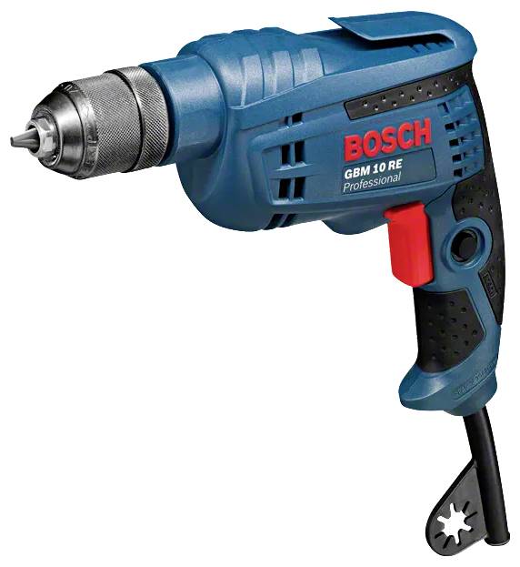 Un foret électrique bleu et noir de la marque « Bosch », modèle « GBM 10 RE Professional », conçu pour des tâches de perçage précises.