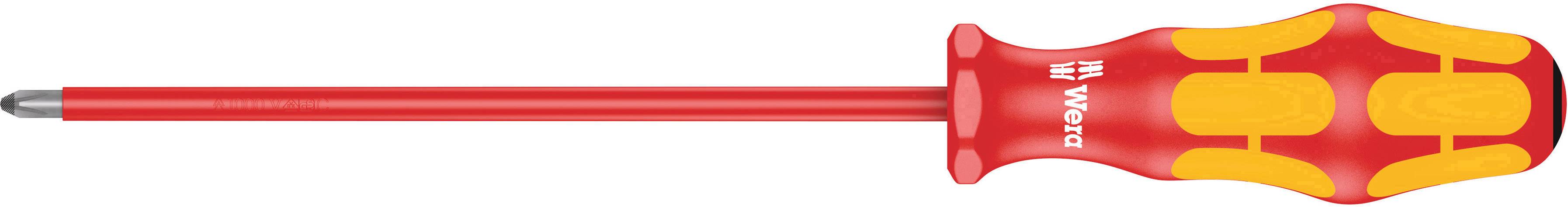 Un tournevis rouge avec des marquages jaunes sur la poignée, adapté pour les travaux électriques.