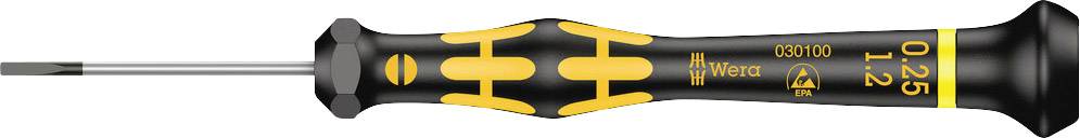 Tournevis à manche noir et marquages jaunes, pointe métallique fine. Marquage indiquant '0,25 x 1,2'. Adapté aux travaux de précision.