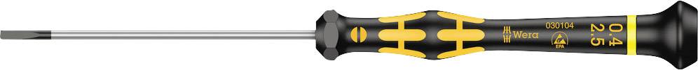 Tournevis à fente avec manche noir et jaune, adapté pour un travail précis sur de petites vis.