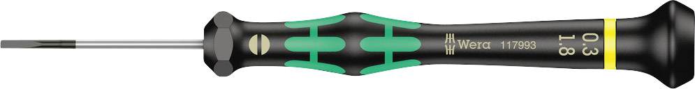 Un tournevis noir avec une poignée verte et un embout fin, marqué 'Wera 0,3 x 1,8', adapté aux travaux de précision.