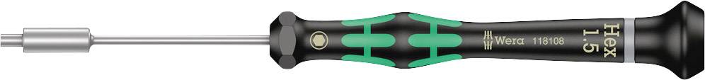 Un tournevis avec une poignée vert et noir, une pointe fine et l'inscription dorée 'Hex 1,5'. Adapté pour des travaux précis.
