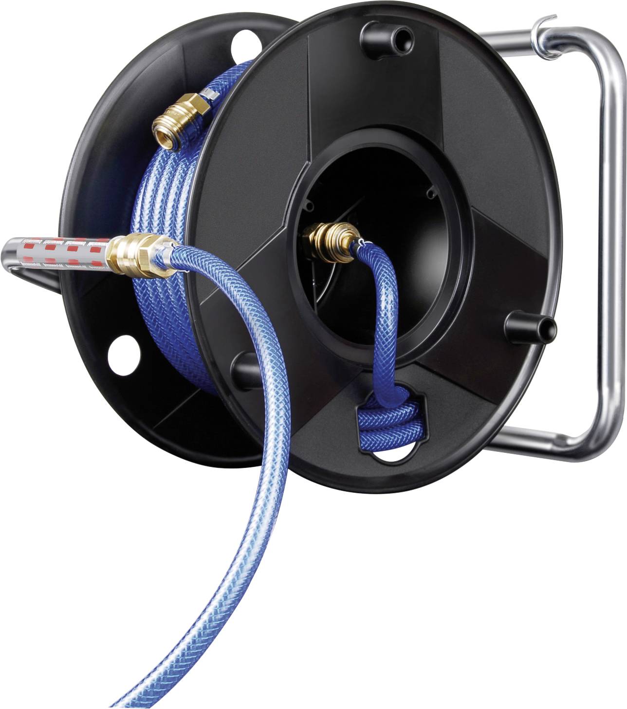 Enrouleur de tuyau noir avec tuyau de jardin bleu et raccords métalliques, présenté dans une vue rapprochée du produit.