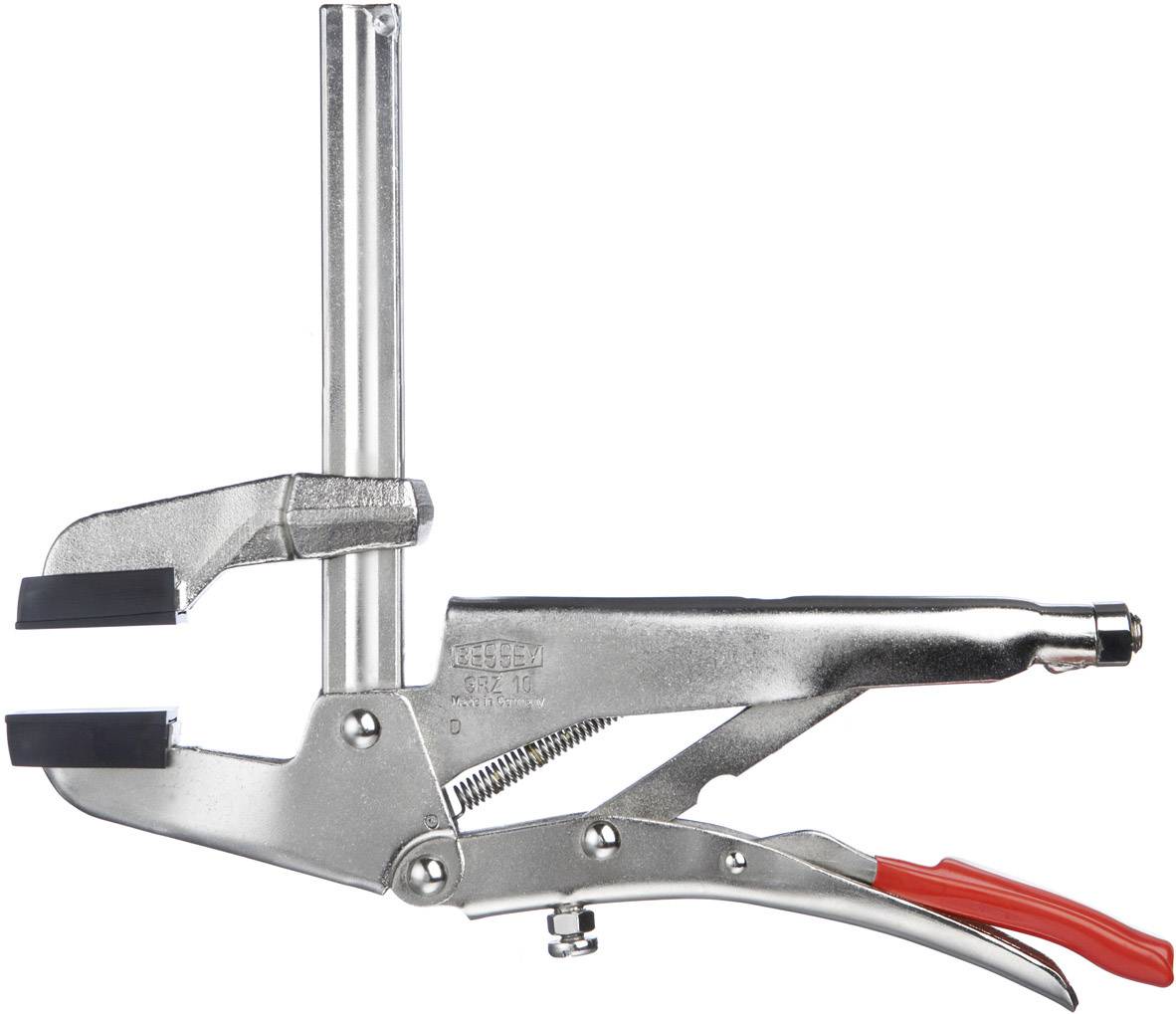 Pince à étau en métal avec poignée rouge et levier ajustable. Utilisée pour maintenir ou stabiliser des objets.