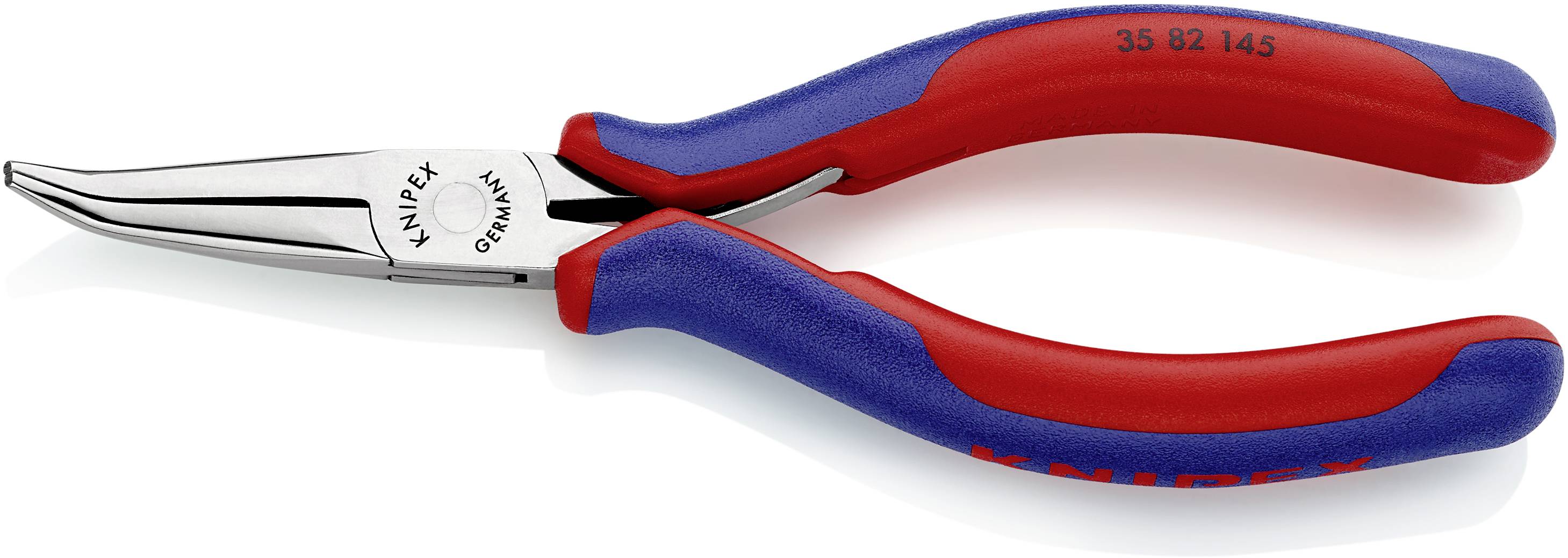 Une pince coupante courbe avec des poignées rouges et bleues, fabriquée par Knipex.