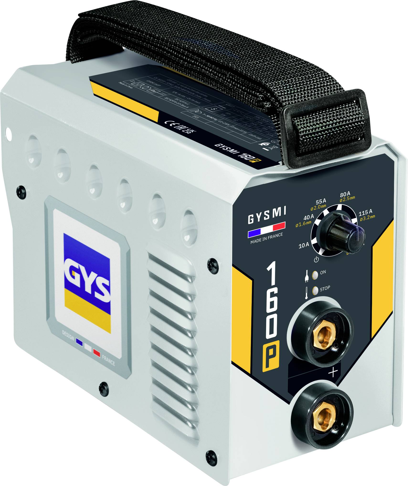 Machine à souder portable GYS Gysmi 160P avec sangle de transport et panneau de commande frontal affichant les réglages de puissance et les connecteurs de sortie.