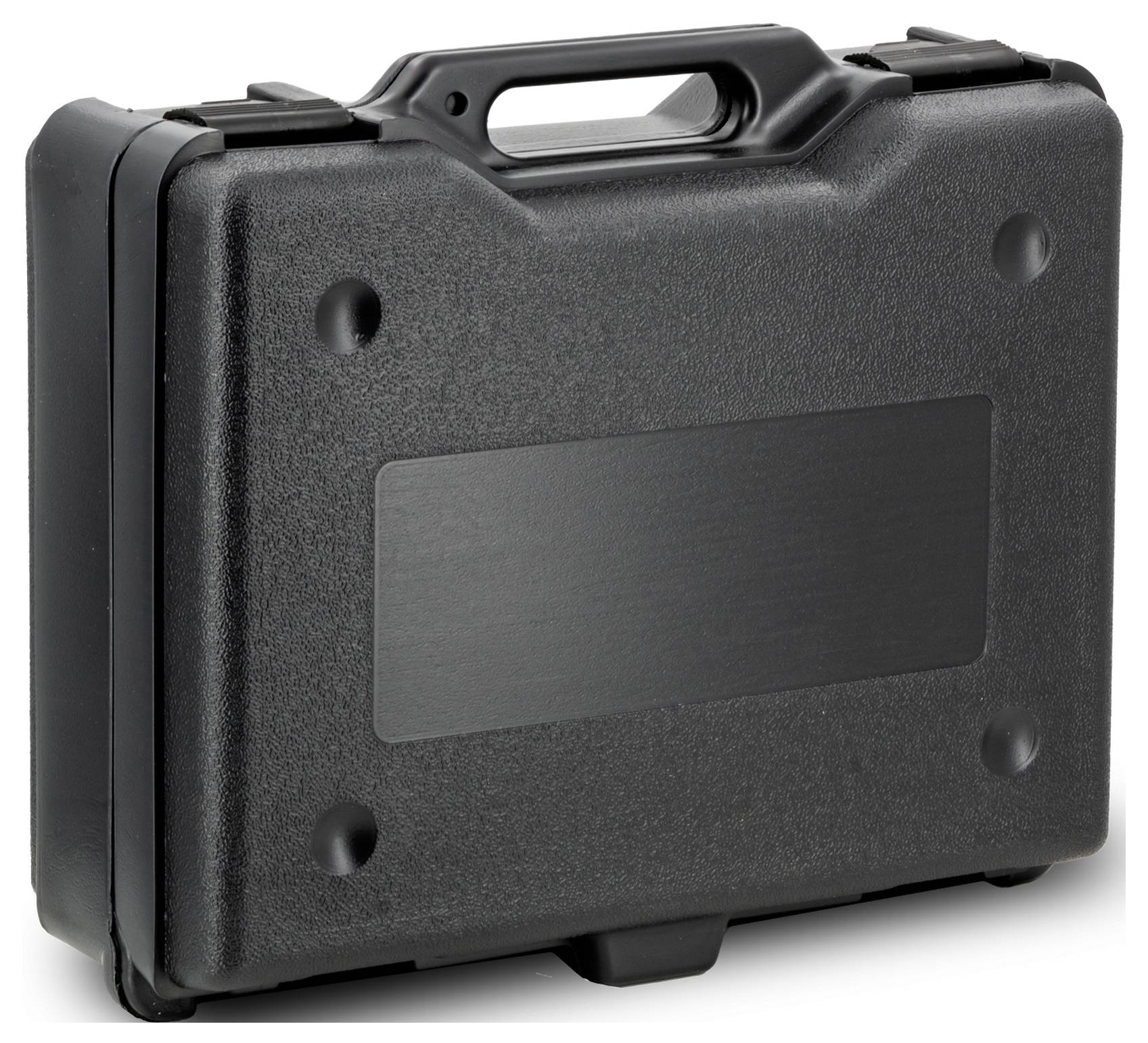 Mallette de rangement en plastique dur noir avec poignée et panneau d'étiquette vierge, présentée fermée sur fond blanc