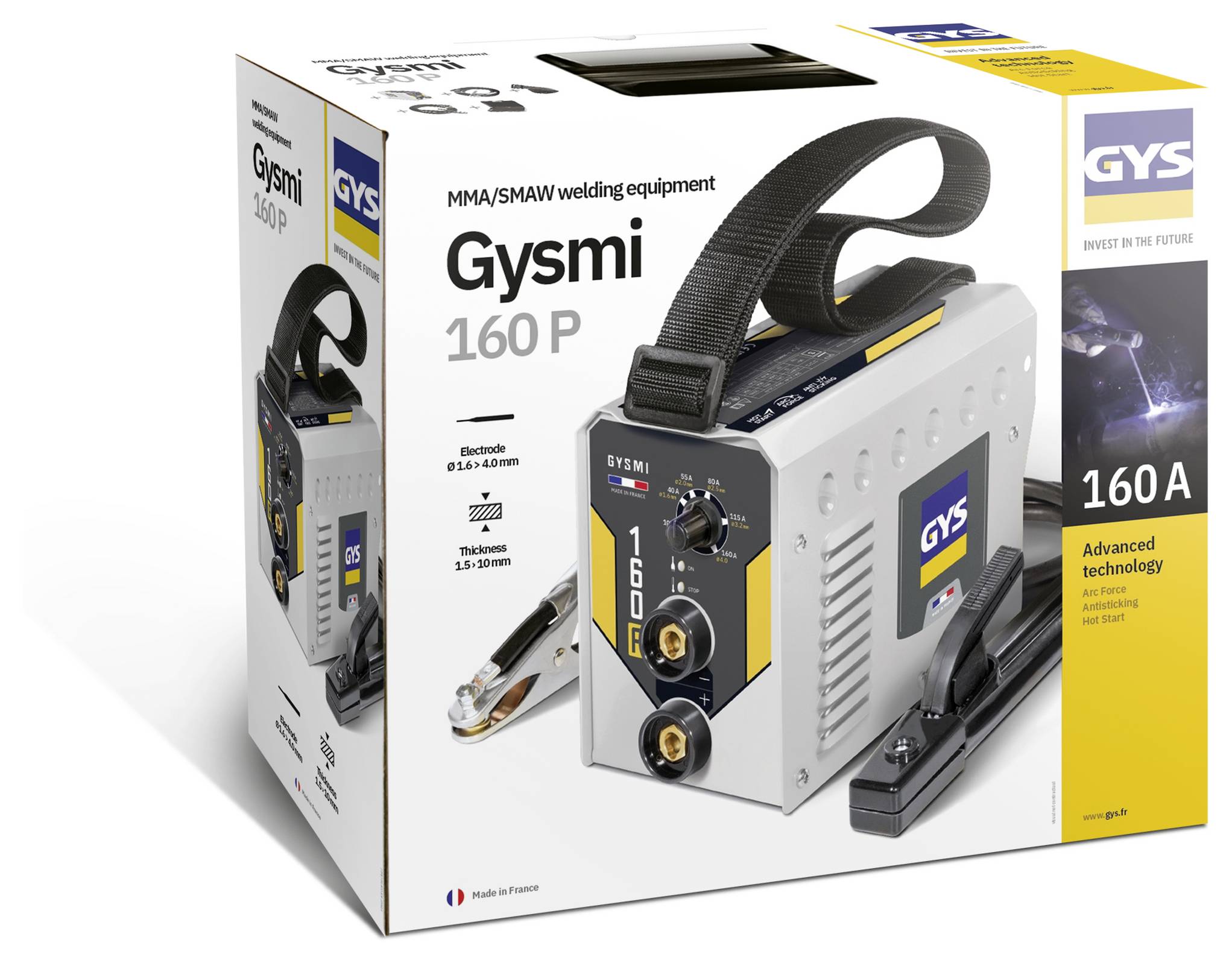 Emballage pour équipement de soudage MMA/SMAW GYS Gysmi 160P, montrant un poste à souder portable avec câbles et pinces sur la boîte.