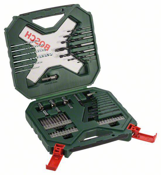 Coffret à outils ouvert contenant divers forets et embouts, avec le logo 'Bosch' sur le couvercle, fermé par des verrous rouges en bas.