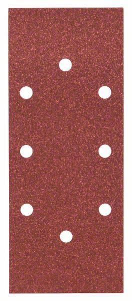 Papier de verre rouge avec huit trous régulièrement répartis, de forme rectangulaire.