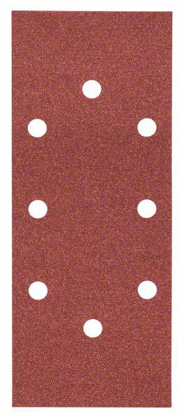 Feuille de papier de verre rouge de forme rectangulaire avec huit trous ronds disposés de manière régulière.