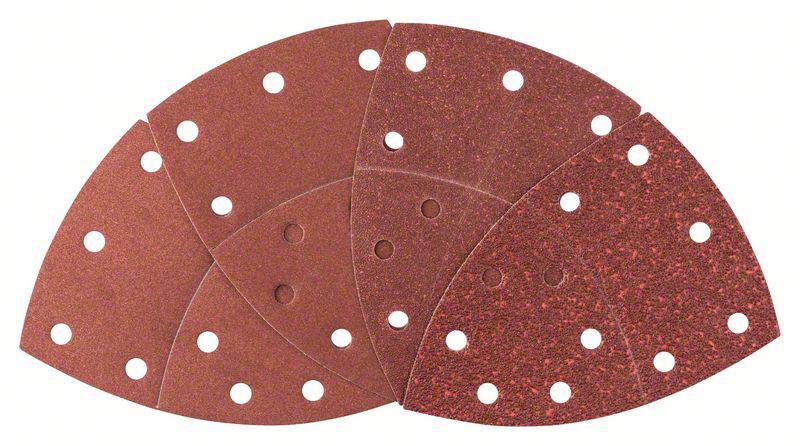 Plusieurs disques abrasifs semi-circulaires avec des trous disposés en éventail. Ils sont destinés à être utilisés avec une ponceuse excentrique.