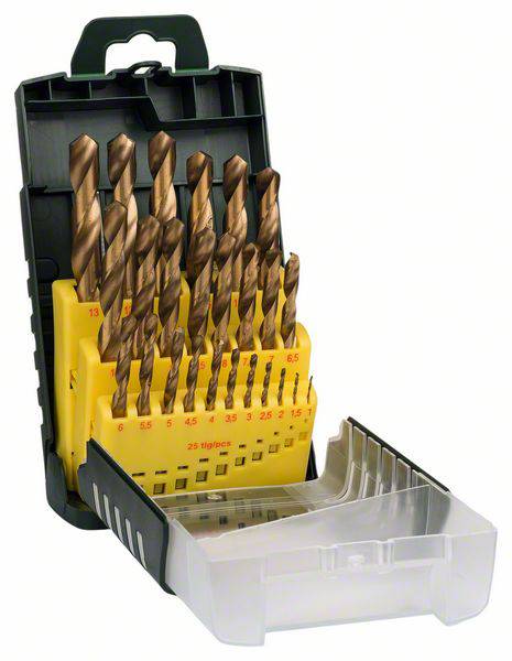 Coffret de forets en métal comprenant 19 forets de différentes tailles, présenté dans un étui en plastique ouvert.