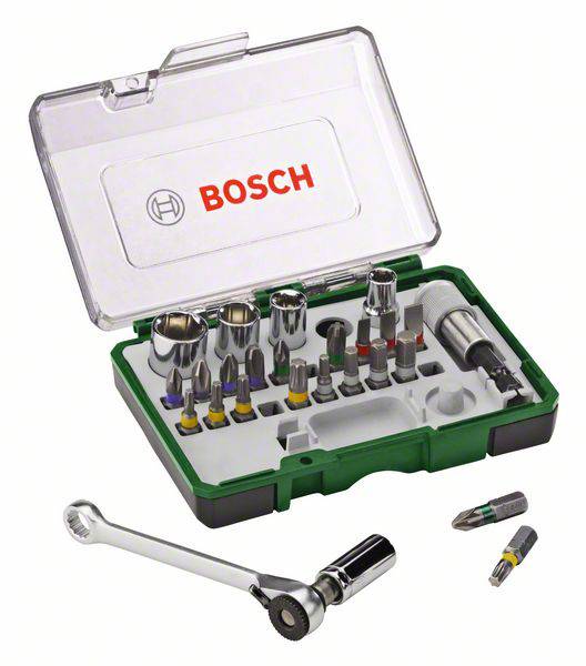 Un ensemble d'outils Bosch comprenant une clé à cliquet, différentes douilles et embouts de vissage dans un coffret vert ouvert.
