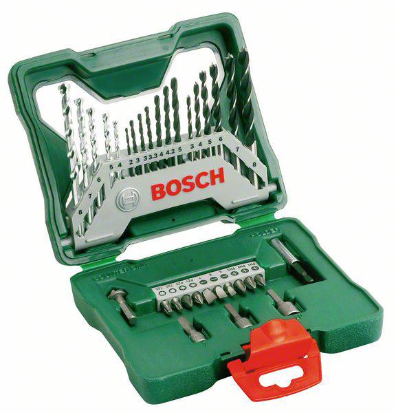 Une boîte à outils verte de Bosch contenant différentes mèches et embouts. Les mèches sont rangées par taille.