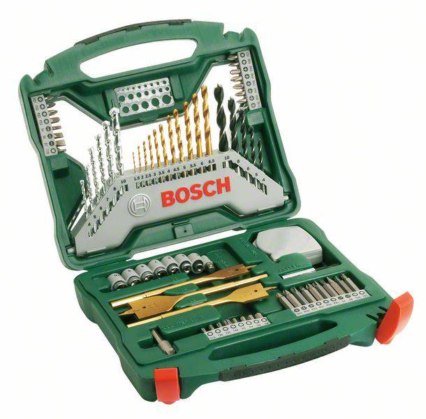 Une valise verte avec le logo 'Bosch', remplie de différentes mèches et embouts. Idéale pour les travaux de bricolage.
