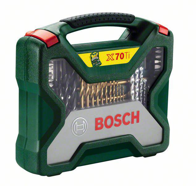 Boîte à outils verte portant l'inscription 'BOSCH'. Contient divers forets et embouts. Modèle 'X 70 Ti'. Poignée de transport en haut.