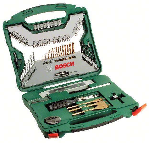 Coffret de forets Bosch dans un étui en plastique vert, différents forets et embouts soigneusement rangés, adapté aux travaux de bricolage.
