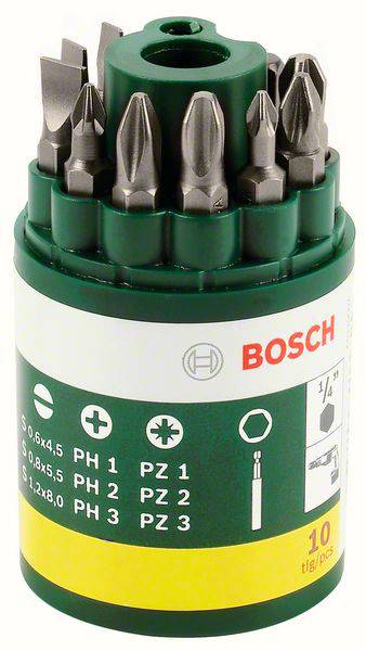 Un récipient cylindrique contenant différents embouts de tournevis Bosch avec des indications de tailles correspondantes sur une étiquette.