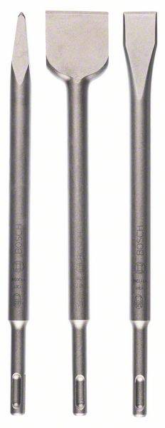 Trois burins Bosch de différentes formes : pointu, plat et large. Ces outils sont en métal et sont utilisés dans les travaux de construction.
