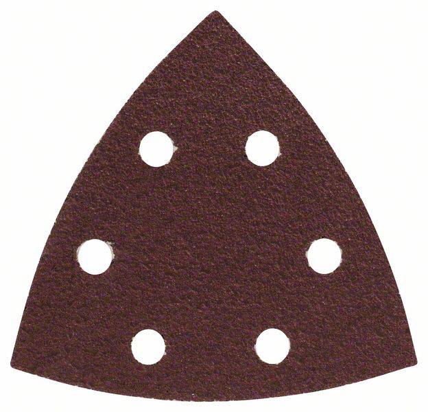 Papier de verre brun en forme de triangle avec six trous circulaires, utilisé pour les ponceuses.