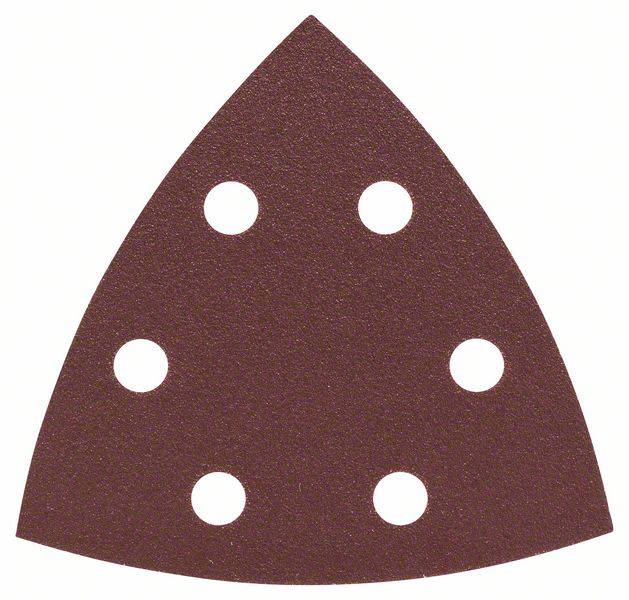 Papier de verre brun, triangulaire, avec six trous pour une ponceuse électrique.