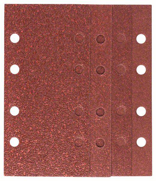 Plusieurs feuilles de papier de verre rouge, chacune percée de cinq trous ronds, empilées.