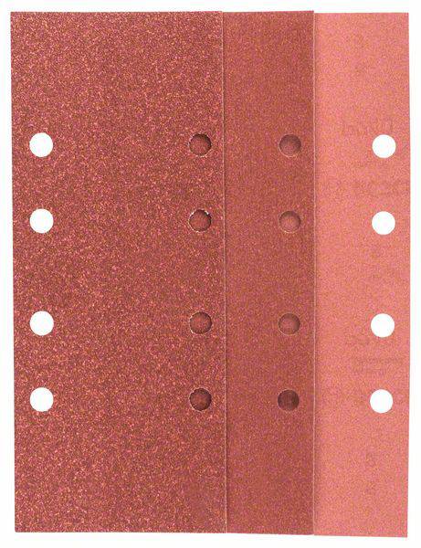 Feuille de papier de verre rouge à six trous sur le bord, avec différentes granulométries, adaptée au ponçage manuel ou mécanique.