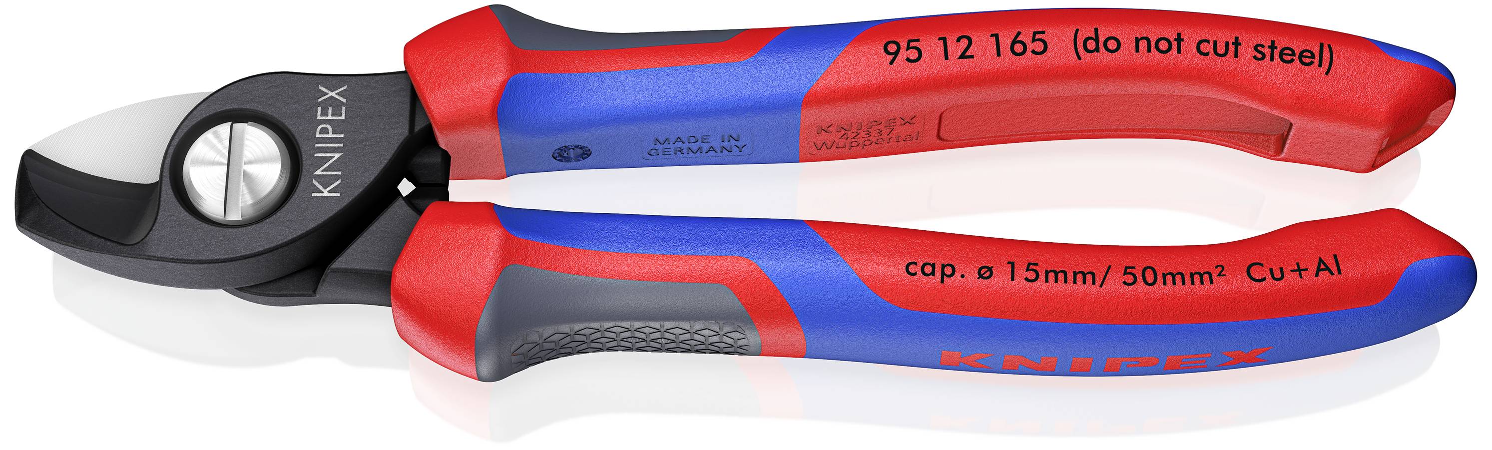Deux coupe-câbles Knipex rouges et bleus portant l'inscription '95 12 165 (ne pas couper l'acier)', adaptés pour le cuivre et l'aluminium.