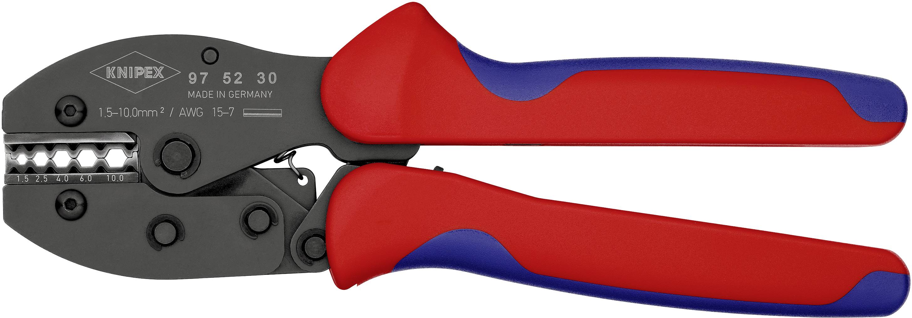 Une pince à sertir rouge et bleue avec une tête noire. Destinée au sertissage de connexions de câbles.