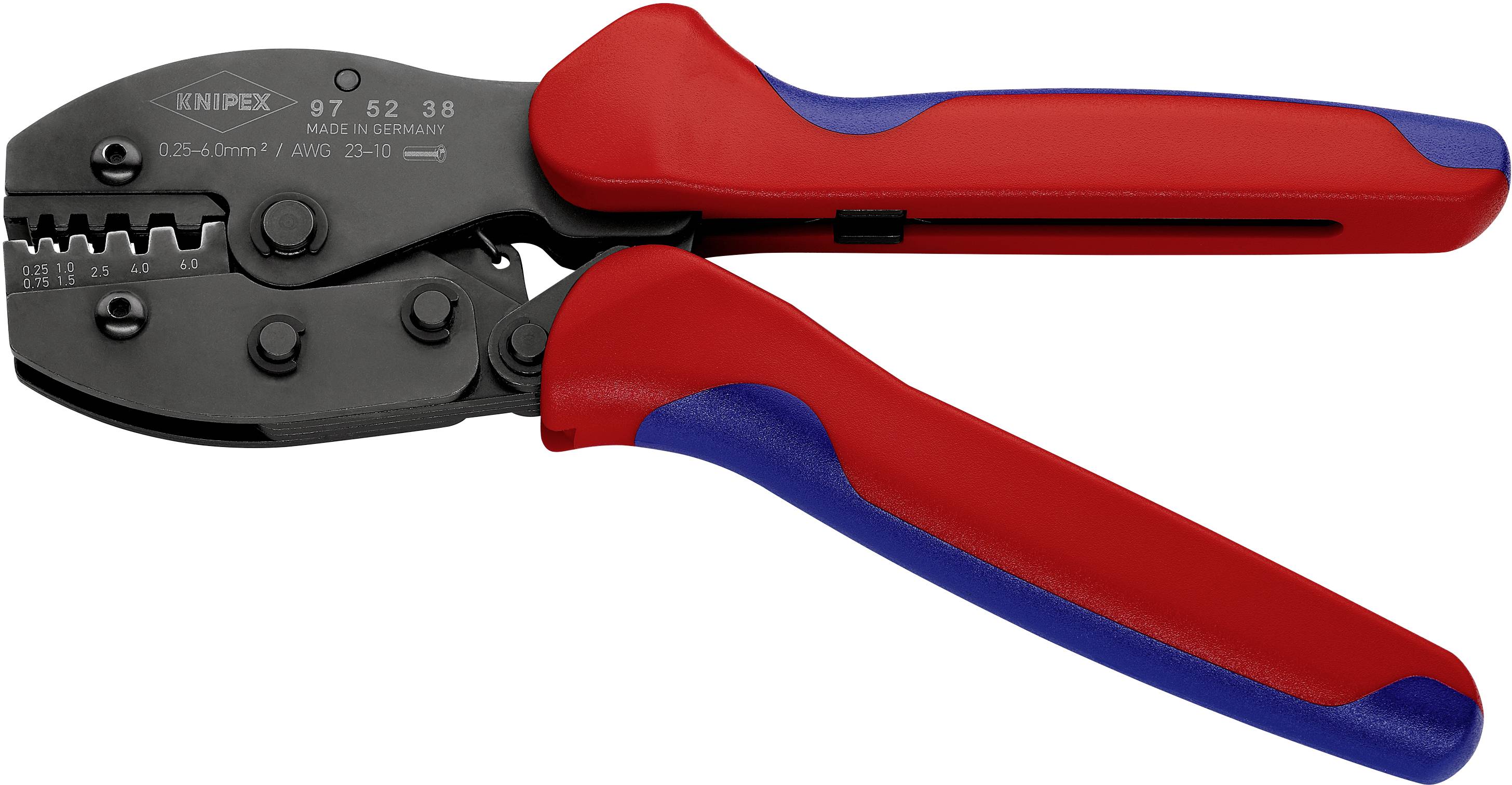 Pince à sertir avec poignées rouges et bleues. Convient au sertissage de câbles, particulièrement pour les embouts de câble de 0,25-6,0 mm².