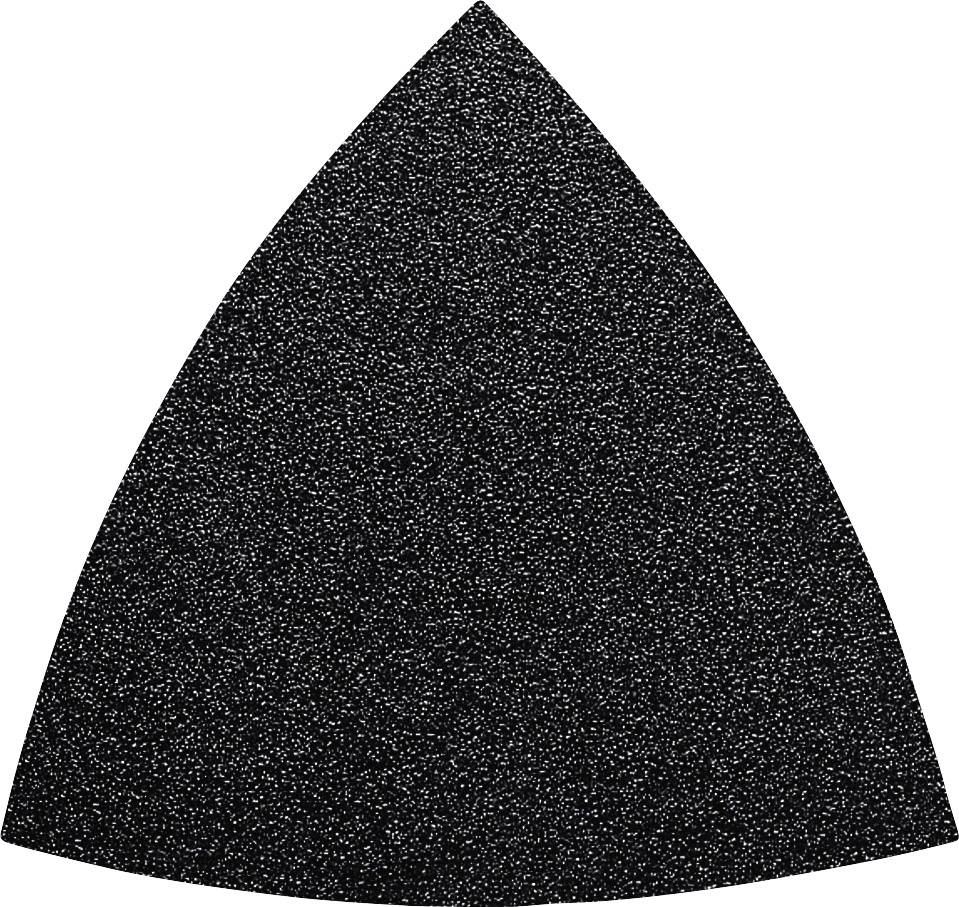 Feuille abrasive triangulaire noire à grain fin, adaptée pour le ponçage des surfaces en bois et en métal.