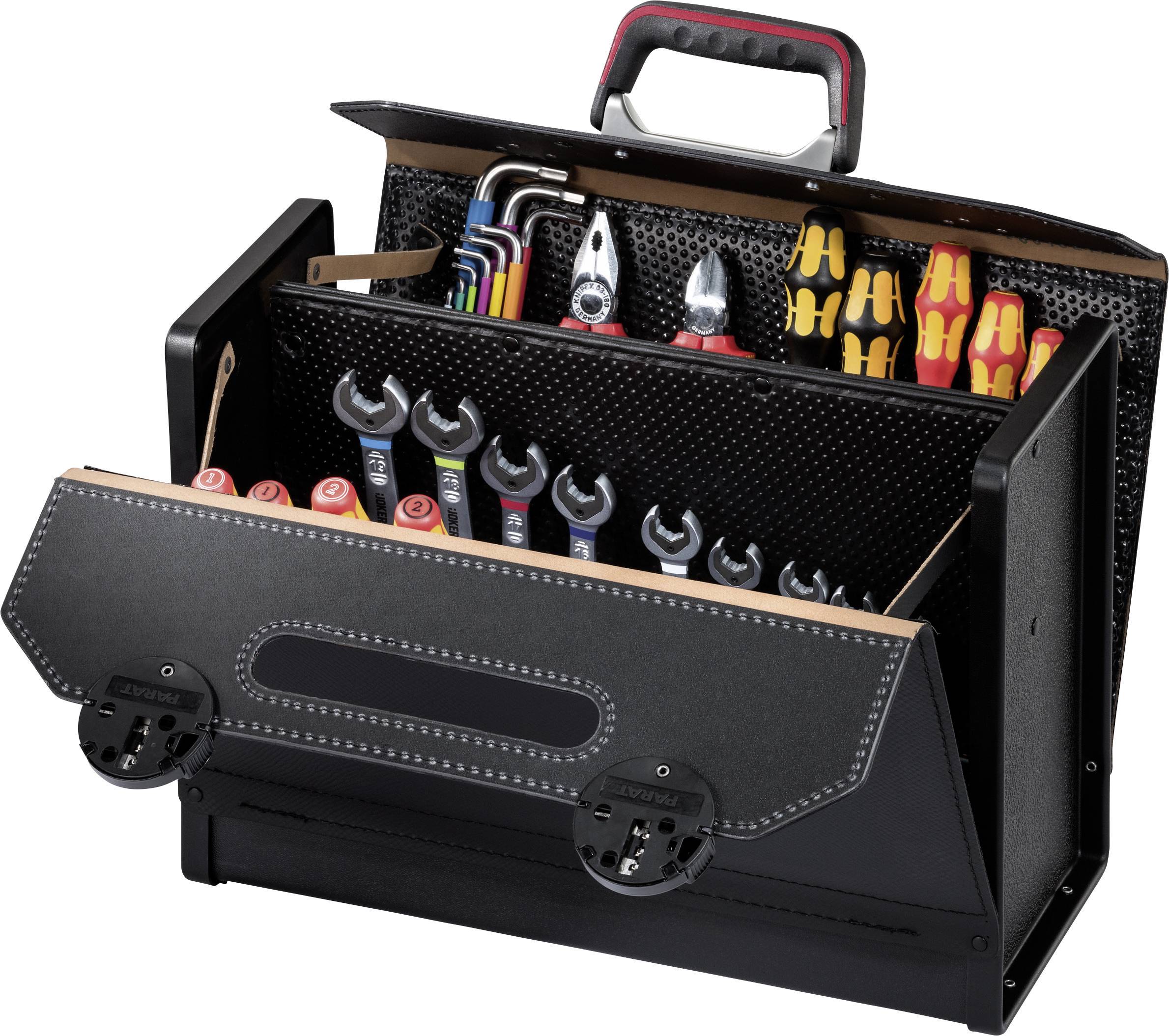 Boîte à outils avec poignée, ouverte, montrant différents outils tels que des clés, des pinces et des tournevis dans des compartiments.
