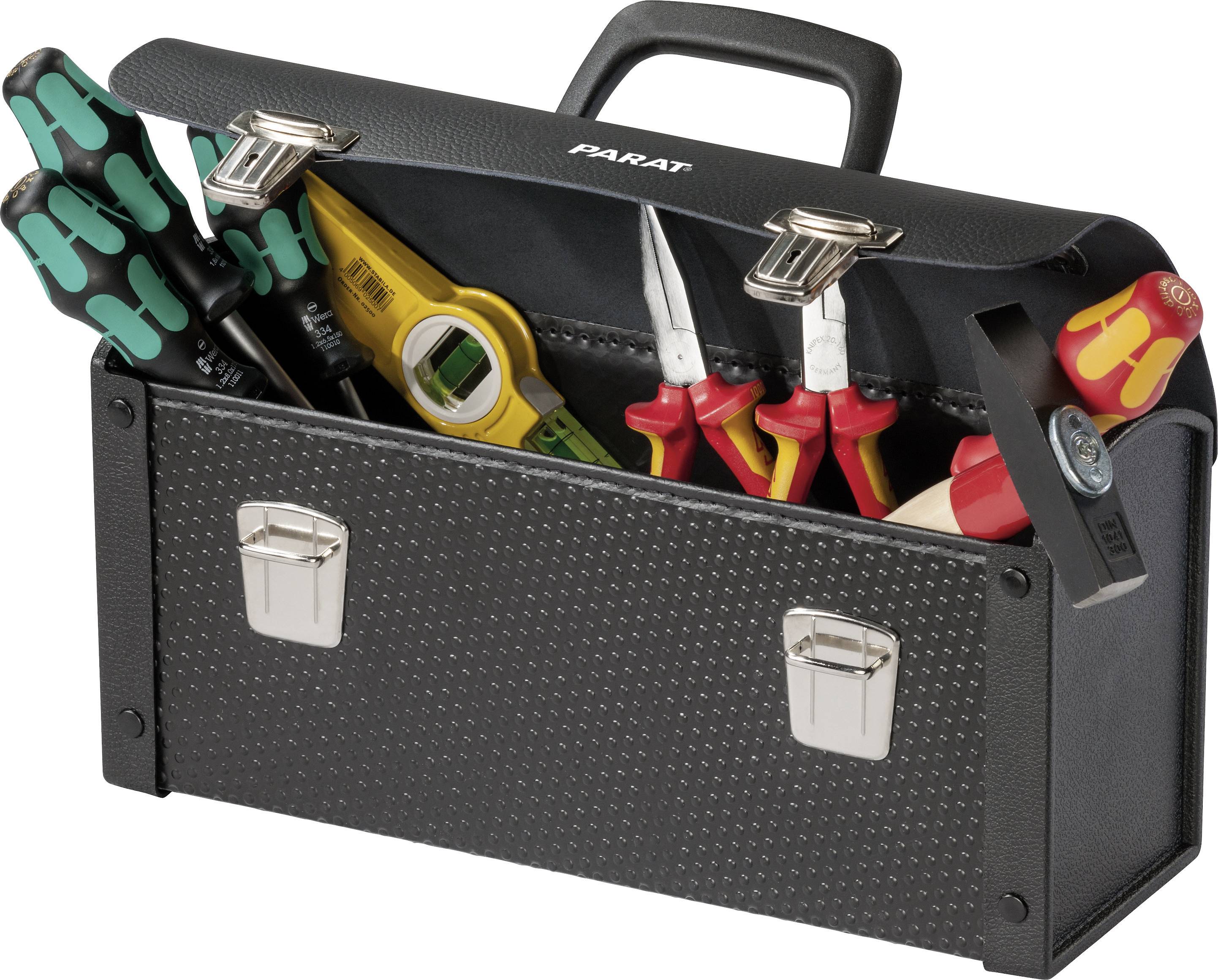Une boîte à outils ouverte contenant divers instruments tels que des tournevis, une pince et un niveau à bulle, prête à être utilisée.
