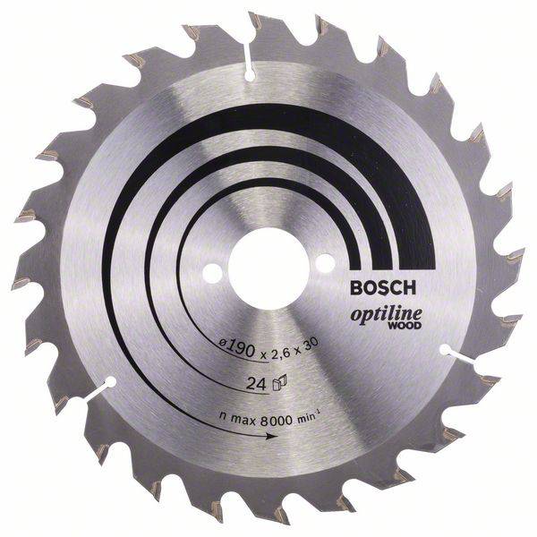 Lame de scie circulaire en métal portant l'inscription 'Bosch Optiline Wood', adaptée pour le bois, diamètre 190 mm, vitesse maximale 8000 tr/min.