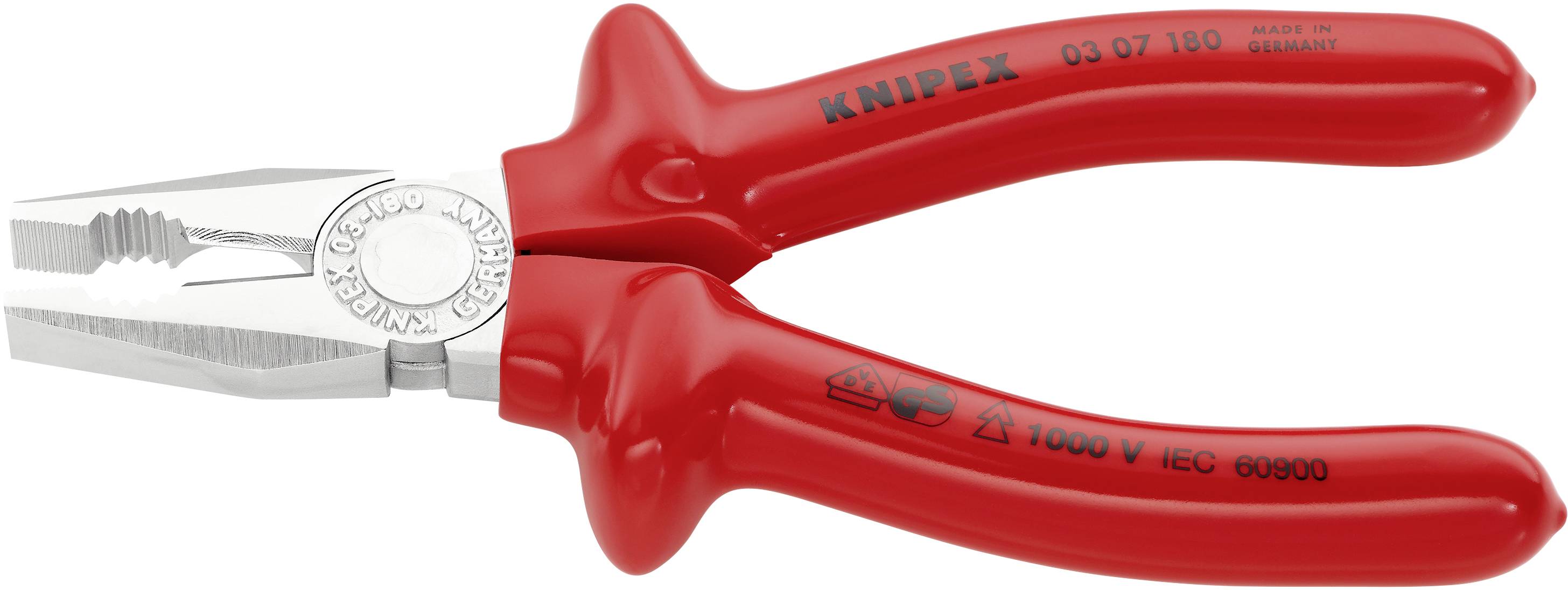 Pince coupante multifonction rouge avec poignées isolées, adaptée aux travaux jusqu'à 1000V. Fabriquée en Allemagne, marque 'Knipex'.