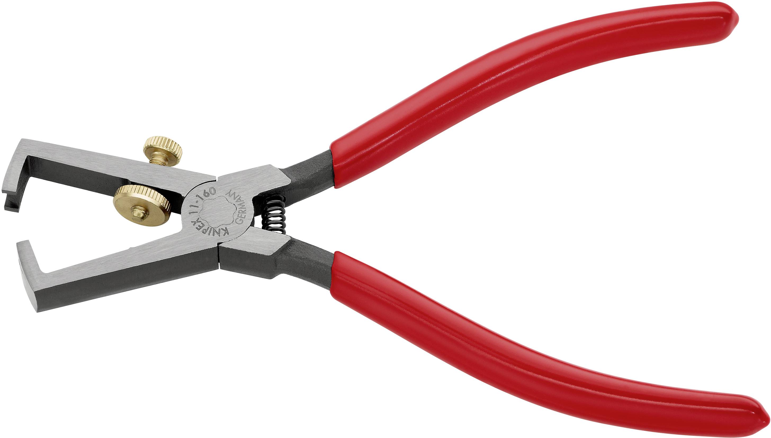 Une pince à dénuder rouge avec un mécanisme de serrage réglable. Elle est utilisée pour retirer l'isolation des fils électriques.