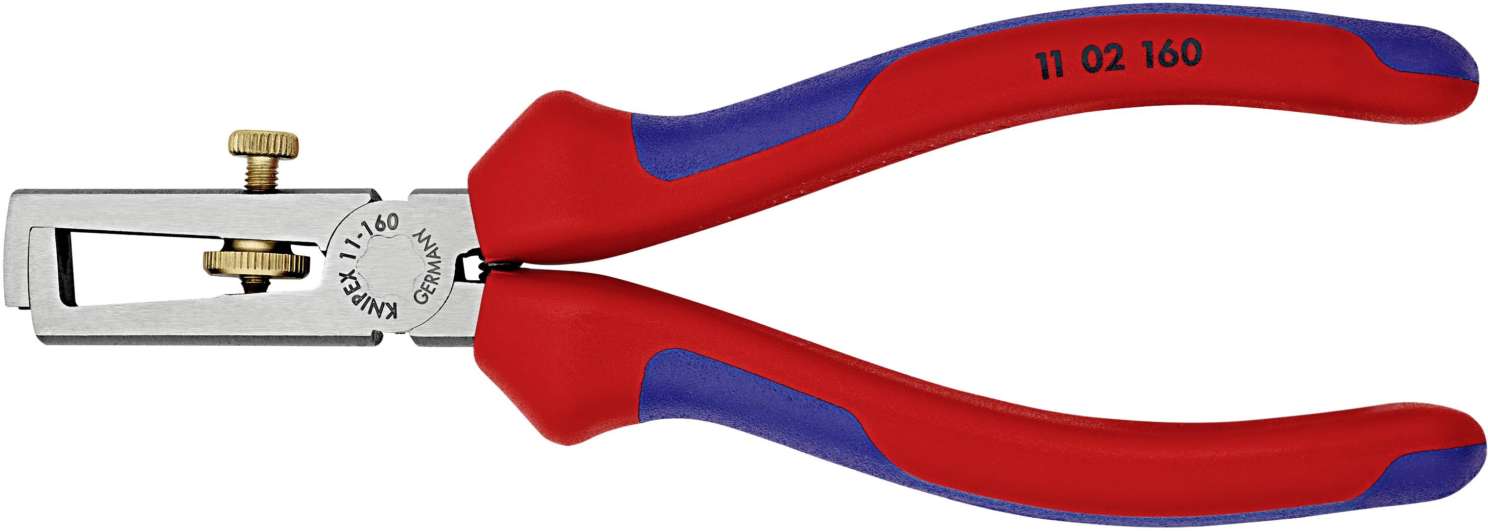 Outil de dénudage rouge et bleu avec vis réglable, adapté pour retirer l'isolation des fils électriques.