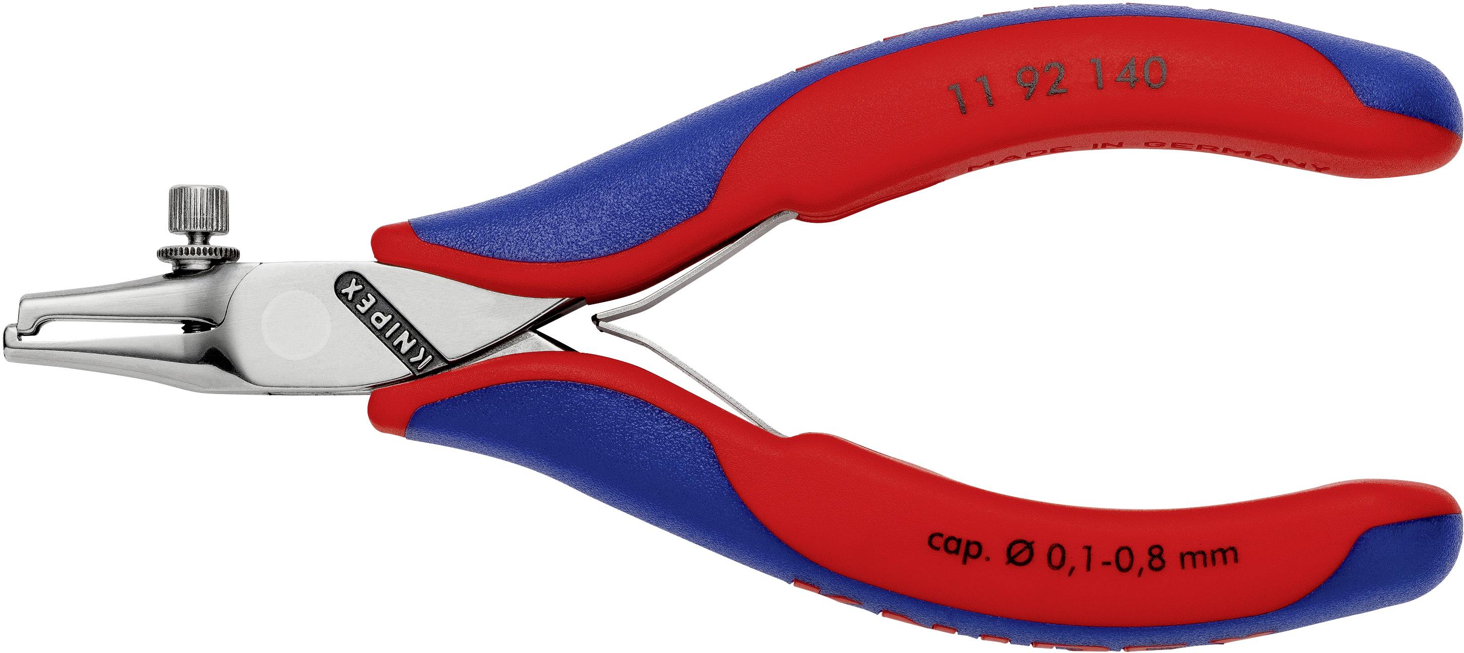 Pince avec poignée bleu-rouge, embouts en métal et vis de réglage fin sur la partie supérieure. Adaptée aux travaux dans le domaine de l'électronique.