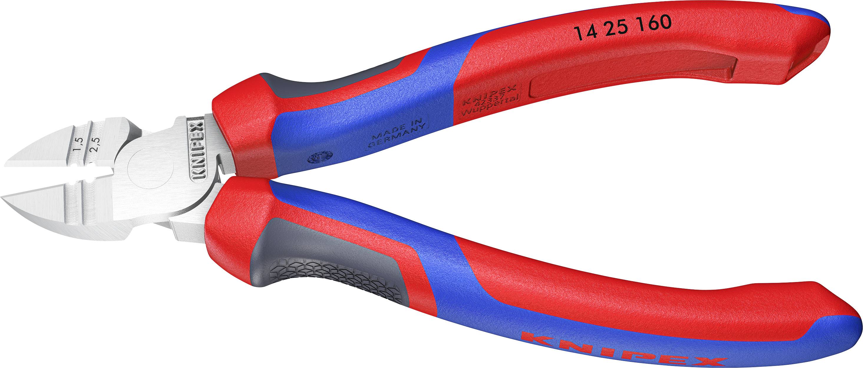 Pince coupante Knipex rouge et bleue avec poignées ergonomiques. Adaptée pour couper des fils et des câbles.