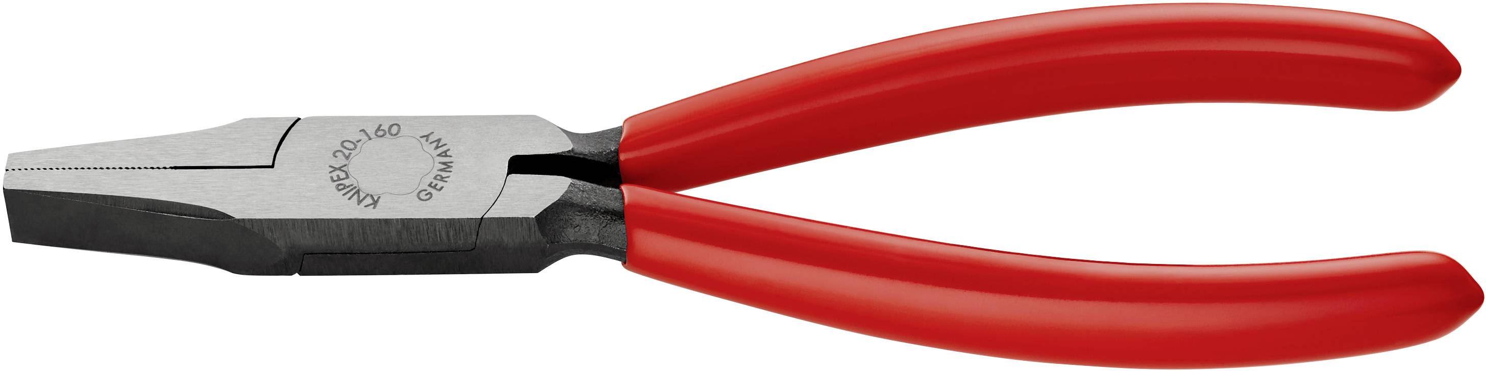 Pince plate rouge avec mâchoires striées, adaptée pour saisir et maintenir des objets. Outil en métal et en plastique.