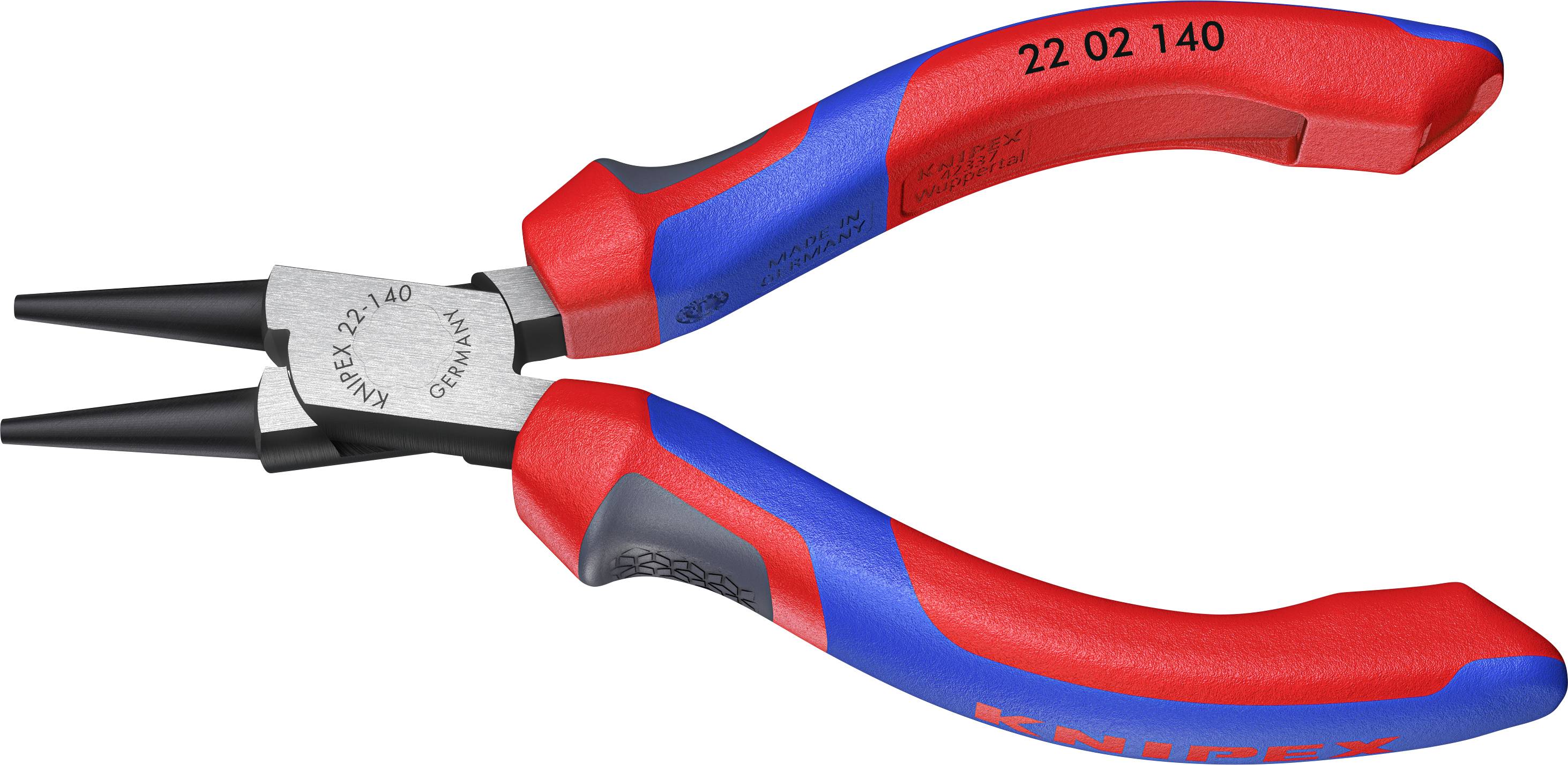 Pince rouge et bleue avec des mâchoires étroites et pointues, portant l'inscription 'Knipex' sur la poignée. Adaptée aux travaux de précision.