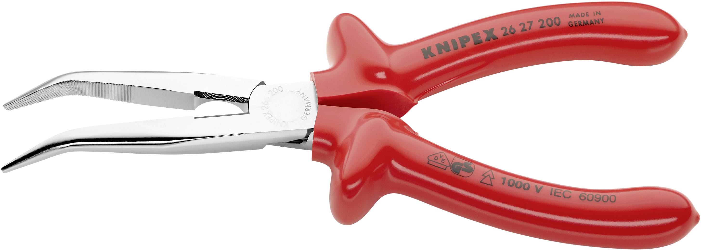 Pince de sécurité VDE à mâchoires courbées, adaptée aux travaux sous tension jusqu'à 1000 V. Marquage 'Knipex 26 27 200'.