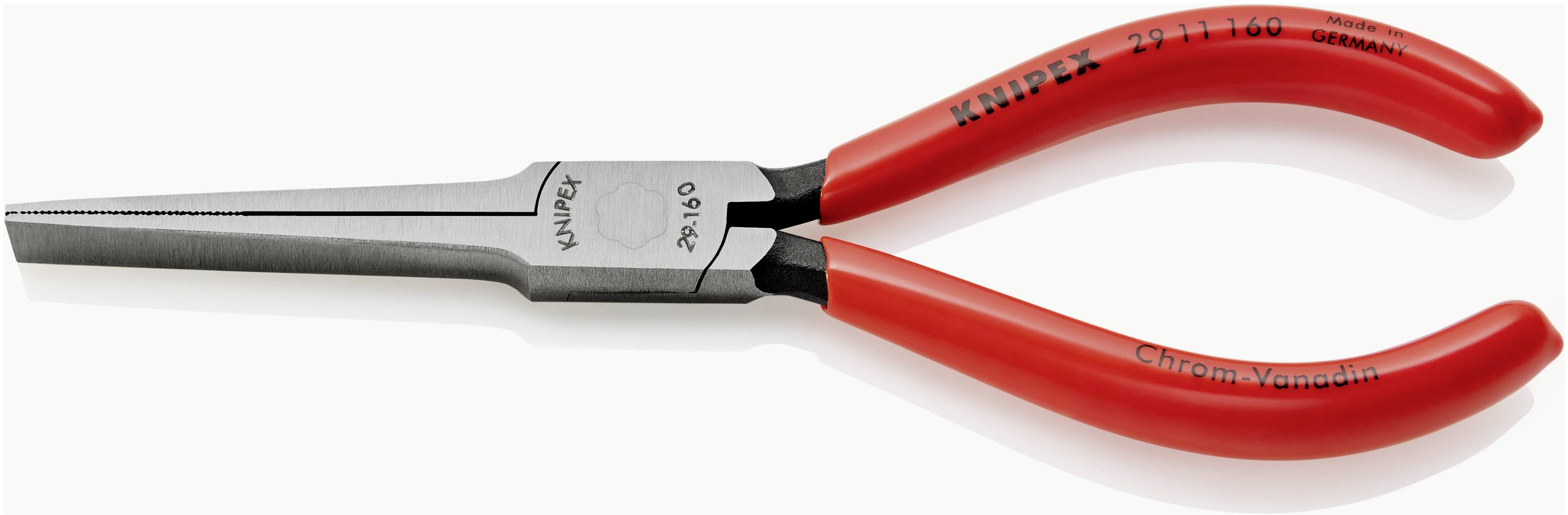 Pince plate KNIPEX rouge sur fond blanc, adaptée pour la préhension et la coupe précises de fils et de petites pièces.