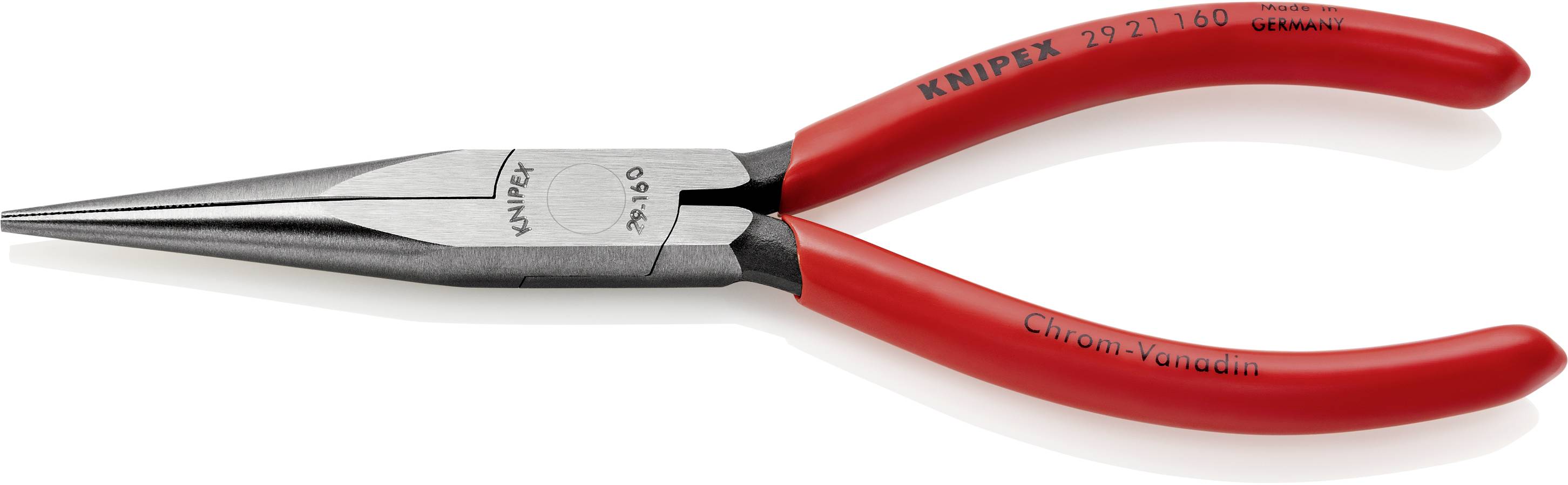 Pince plate à bouts ronds avec longues mâchoires et poignées rouges, marque 'KNIPEX'. Adaptée pour une préhension et une coupe précises dans des espaces restreints.
