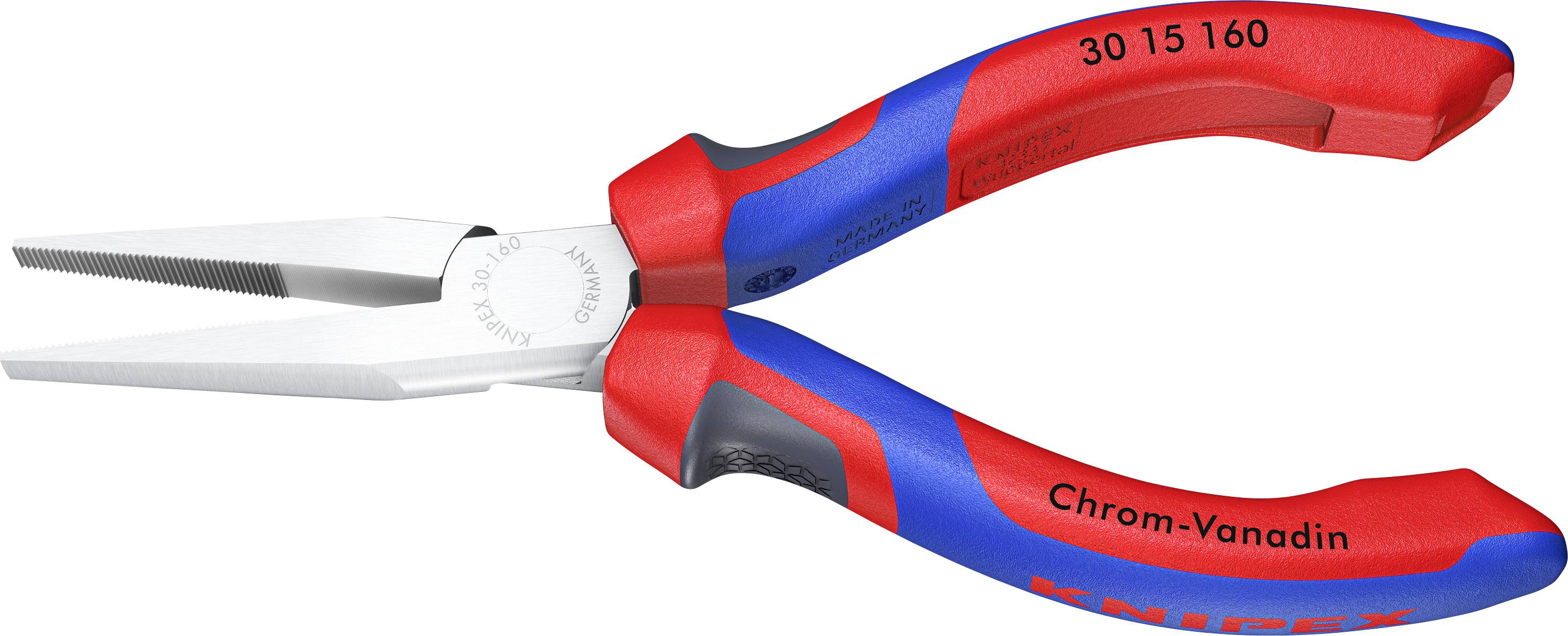 Une pince plate à bec rond Knipex avec des poignées rouge et bleu en acier chrome-vanadium. L'outil a une forme pointue pour des travaux précis.