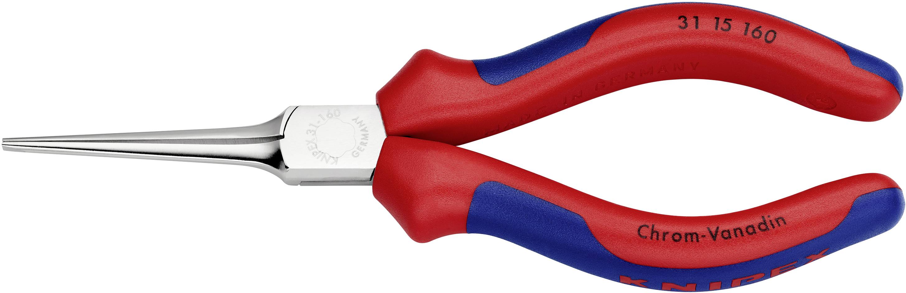 Une pince coupante rouge et bleue en acier chrome-vanadium. Elle possède des mâchoires longues et étroites, adaptée aux travaux de mécanique de précision.